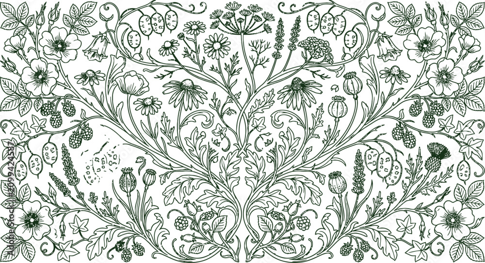 Fototapeta premium Vintage floral pattern illustration. Botanical ornament with intricate leaves and flowers.