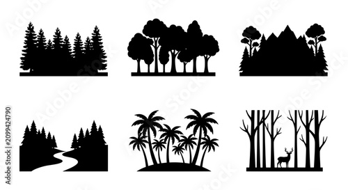 Bild auf Leinwand Forest and Nature Silhouettes, Vector Pack: Pine, Palm, Deciduous Trees, Deer Sc