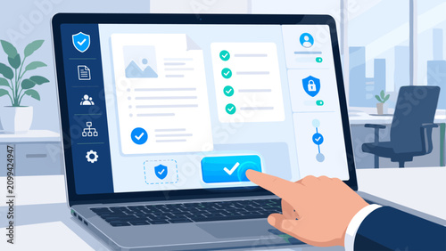 Hand touching digital document approval interface on laptop, hand, interface, laptop, document, approval, digital, technology,