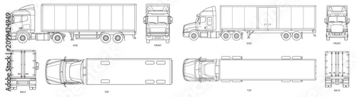 Truck And Trailer Blueprint Elevations Front Side Top Back Technical Vehicle Outline Drawing