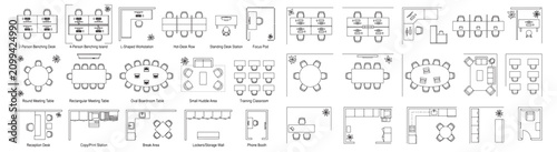 Office Floor Plans Top View: Modular Workspaces, Conference Tables, Cubicles and Furniture Layouts for Interior Design