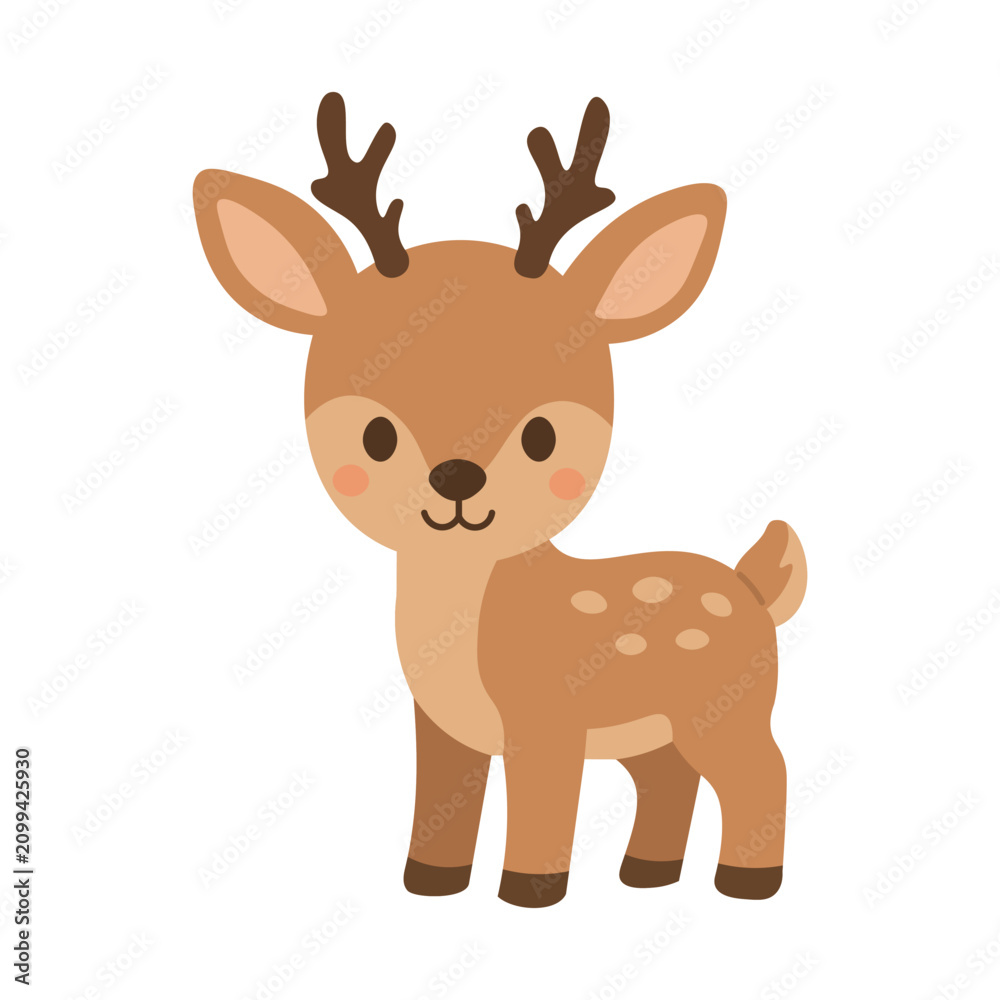 Obraz premium Cute spotted fawn with small antlers, rosy cheeks, and gentle woodland character.