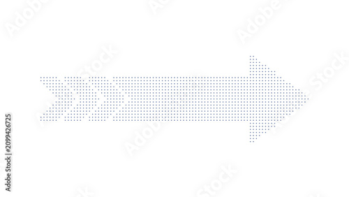 Abstract arrow shape consisting of blue circular dots arranged in a pixelated grid style design.