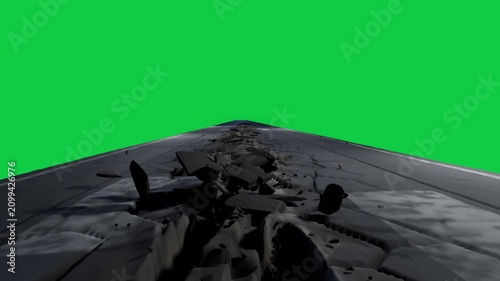 After impact metal wing cracking and shedding plates, forming centerline rubble on transparent void