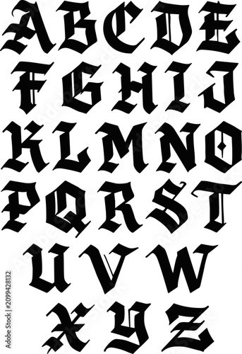 Gothic Calligraffiti alphabet in black over white