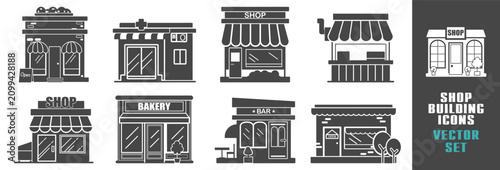 Fotografie Shop building vector icons with black and white store facades on transparent bac