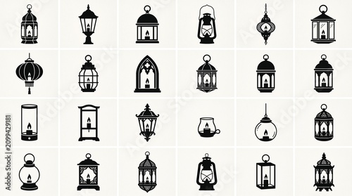 Grid of twenty-four distinct lantern icons in varied styles, arranged in rows, showcasing traditional and geometric decorative designs…
