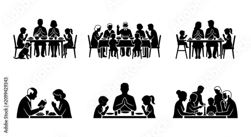 Family Mealtime Silhouettes, Praying Before Eating, Diverse Groups Gathering, Vector Icons