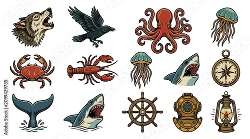 Foto Nautical and Wildlife Icons: Wolf, Raven, Octopus, Sharks, Jellyfish, Crab, Lobs
