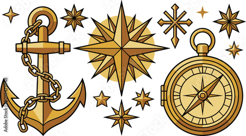Konstfotografi Vintage nautical vector illustration set featuring golden ship anchor with chain