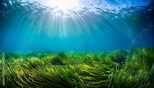 underwater seagrass meadow in clear blue ocean with sunlight filtering through water