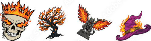 Fotografie Flaming Halloween skull tree gargoyle witch hat vector illustration collection s