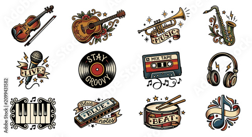 Retro Music Instruments and Accessories Collection - Vintage Style Illustrations