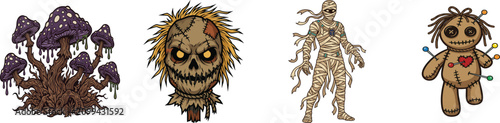 Obraz na płótnie Halloween mushrooms scarecrow mummy voodoo doll vector illustration collection s
