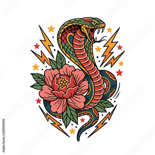 Tattoo Style Cobra Snake and Peony Flower with Lightning Bolts