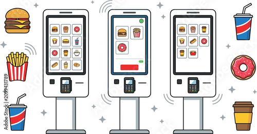 Tableau sur toile Self service fast food ordering kiosk vector set with digital touch screens paym