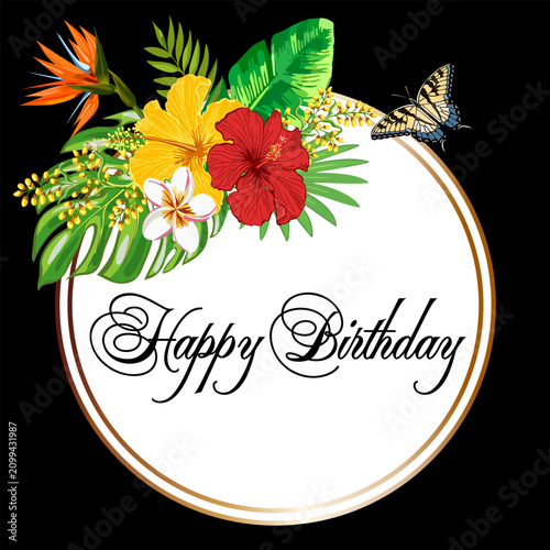 Postcard with a round frame and flowers.Vector greeting card banner with a bouquet of tropical flowers on a round frame with text.