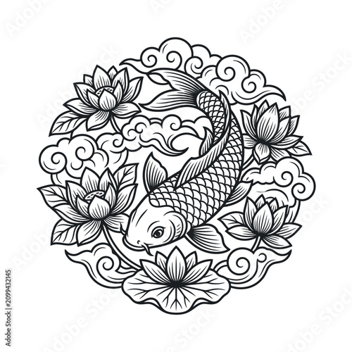 Intricate black and white koi fish with floral patterns in traditional style.