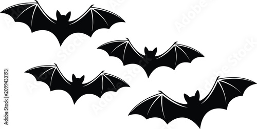Flying black bats silhouette set with wings spread for spooky gothic halloween decorative background element vector