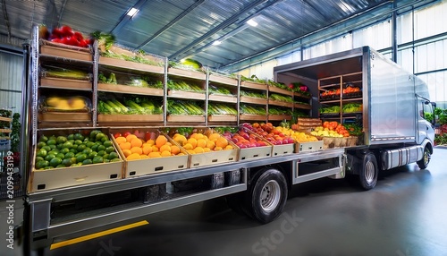 refrigerated truck trailer displays bountiful fresh fruits vegetables inside modern warehouse emphasizes efficient food logistics cold chain delivery produce distribution promotes healthy