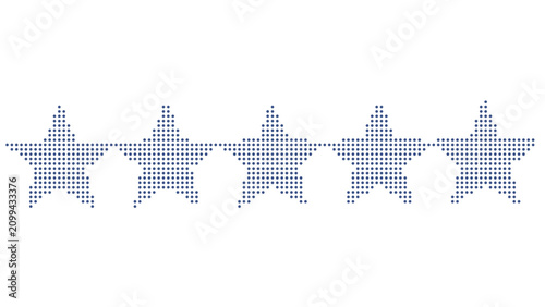 Halftone five star rating row in blue color with dotted pattern texture on transparent background.