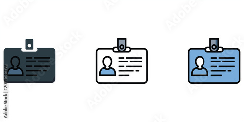 Three Different Styles of Identification Badges with Person Icon and Text Lines Keywords: ID card, identification, badge, access