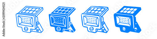 Foto Set of blue solar-powered LED floodlight icons with motion sensors