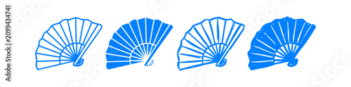 Set of blue hand-drawn folding fan icons in outline and silhouette styles, isolated on a white background. Handheld fan illustrations for cultural, summer, and fashion graphic design.