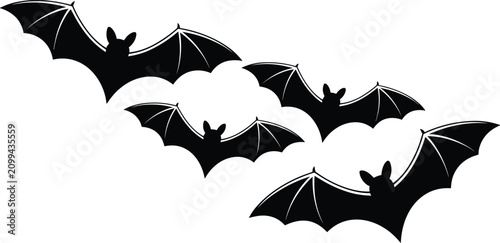 Flying bats black silhouette vector icon set with spooky Halloween creatures isolated on white background