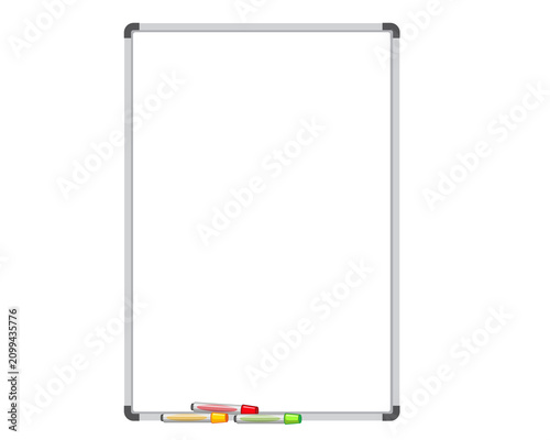 Blank whiteboard with colorful markers and empty space for writing or drawing on a clean background transparent background