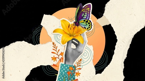 3D photo collage artwork featuring a botanical nature theme with a butterfly and lily bloom.