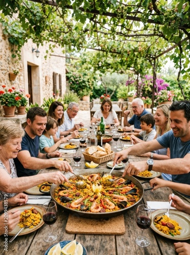 Group of multi-generational family and friends eating paella at outdoor table. People having dinner together in summer garden. Authentic celebration with traditional Mediterranean food.