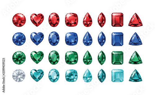 Gemstone icon set with red diamonds, blue sapphires, and green faceted stones, gemstones, diamonds, sapphires, jewels, red, blue,