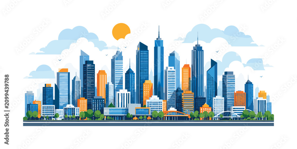 Obraz premium Modern skyline with skyscrapers, clouds, sun, and clean architectural city view, skyline, skyscrapers, city, sun, clouds,