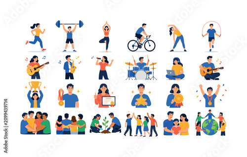 Colorful people and activity icons with fitness, music, awards, and community scenes, people icons, activity, fitness, music,