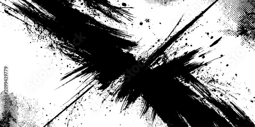 Fotografie Explosive black ink splatters create a dynamic, abstract explosion on a stark white background, evoking chaos and raw energy