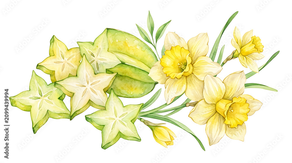 Fototapeta premium Watercolor arrangement of yellow daffodils and sliced starfruit with green leaves on white