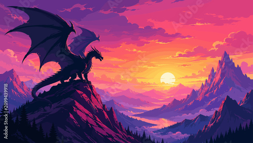 Majestic dragon perched on a mountain peak at vibrant sunset