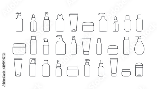 Gray beauty bottle outline icons with jars, tubes, sprays, and cosmetic packaging shapes, beauty icons, bottles, jars, tubes,