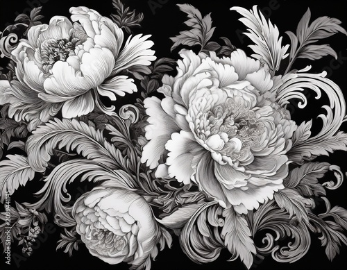vintage peony bouquet floral decoration black and white baroque vintage style ornate flower pattern wallpaper background for greeting card