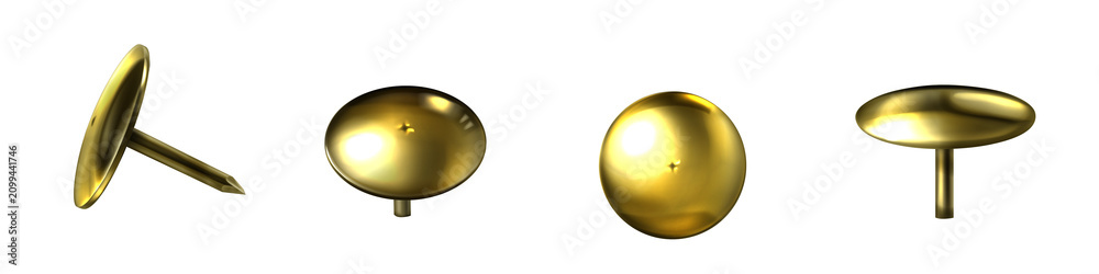 Obraz premium Four gold push pins with round heads in different orientations on white background for office supplies and stationery transparent background