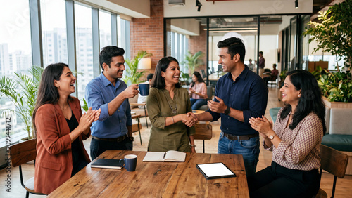 Indian Business Team Celebrating Successful Partnership During Office Meeting generative ai