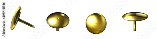 Foto Four gold push pins with round heads in different orientations on white backgrou