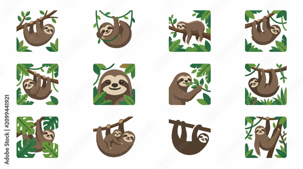 Obraz premium Lazy sloth hanging on a branch halftone illustration set