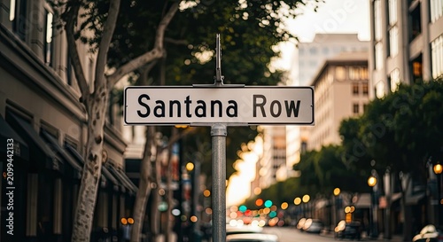 Santana Row Street Sign: A classic street sign for Santana Row stands tall amidst the urban landscape, with blurred buildings and trees forming a soft backdrop.