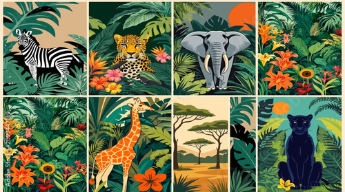 Vibrant jungle scene with various animals and plants on display
