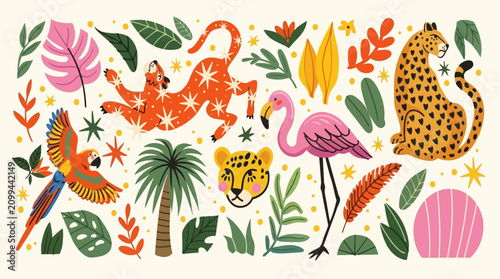Vibrant jungle scene with animals, including a leopard, flamingo, and bird, surrounded by lush foliage and plants.
