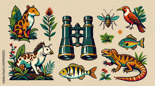 Quadro su tela Wildlife enthusiasts observe various animals with binoculars in a jungle setting