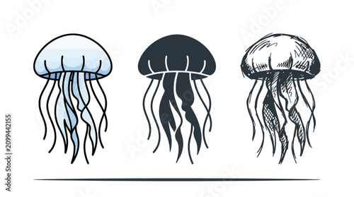 Three jellyfish are illustrated in a row with varying tones and textures.