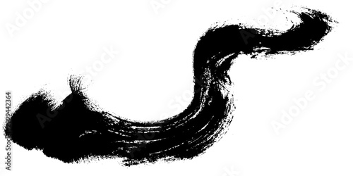Foto A striking black ink brushstroke forms a dynamic S-curve, showcasing the fluid texture and bold expression of traditional East Asian calligraphy